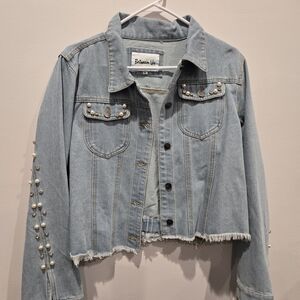 Between Us Light Wash Pearl-Embellished Denim Jacket